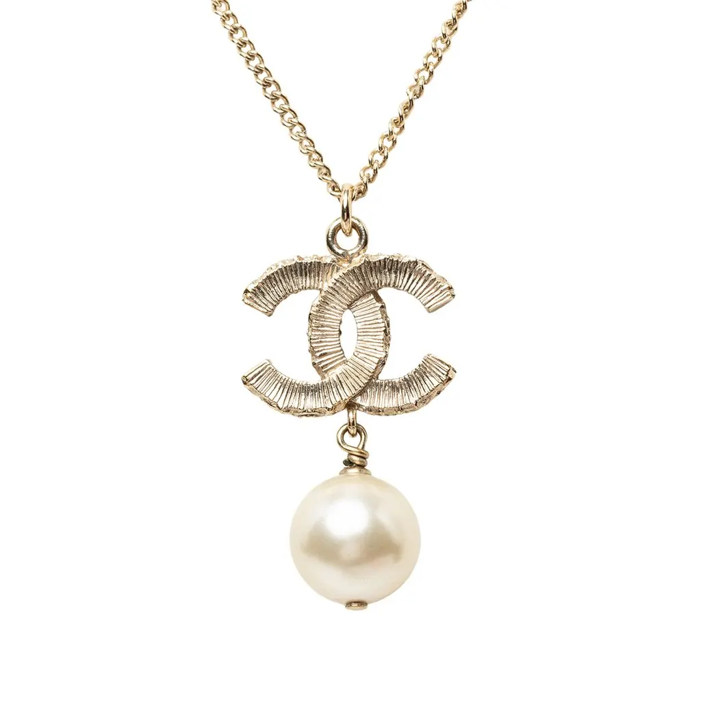 Chanel Gold Plated CC Faux Pearl Baroque Pendant Necklace Gold Metal Very good - Inside View