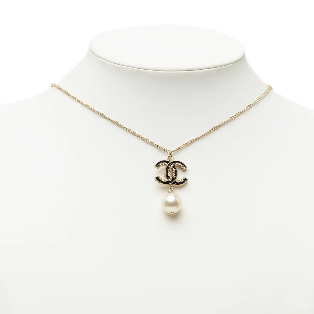 Chanel Gold Plated CC Faux Pearl Baroque Pendant Necklace Gold Metal Very good - Box View