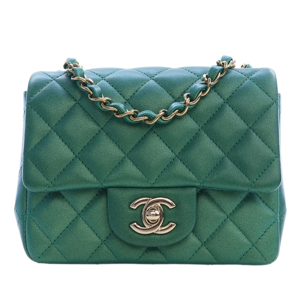 Chanel Mini Square Classic Iridescent Lambskin Single Flap Green Leather Very good - Front View