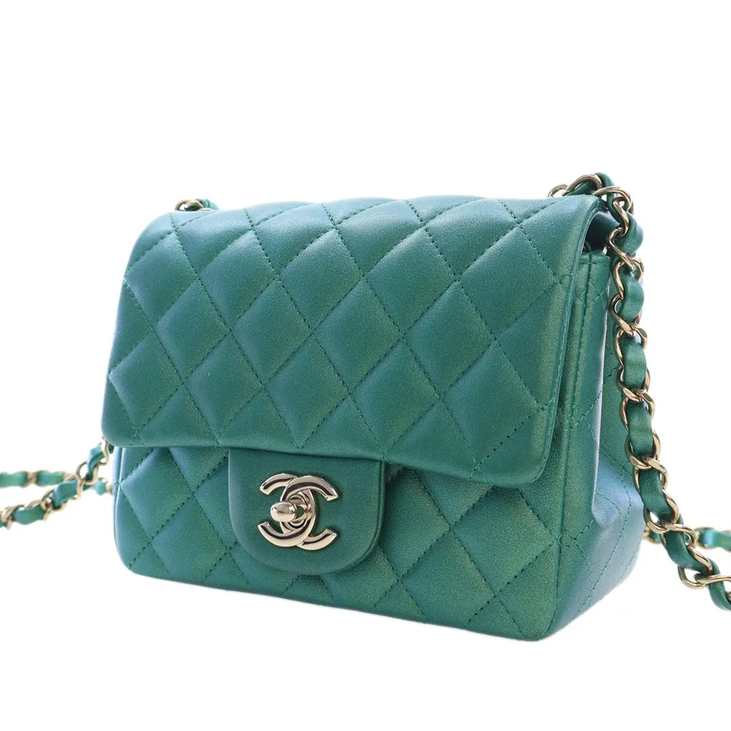 Chanel Mini Square Classic Iridescent Lambskin Single Flap Green Leather Very good - Back View