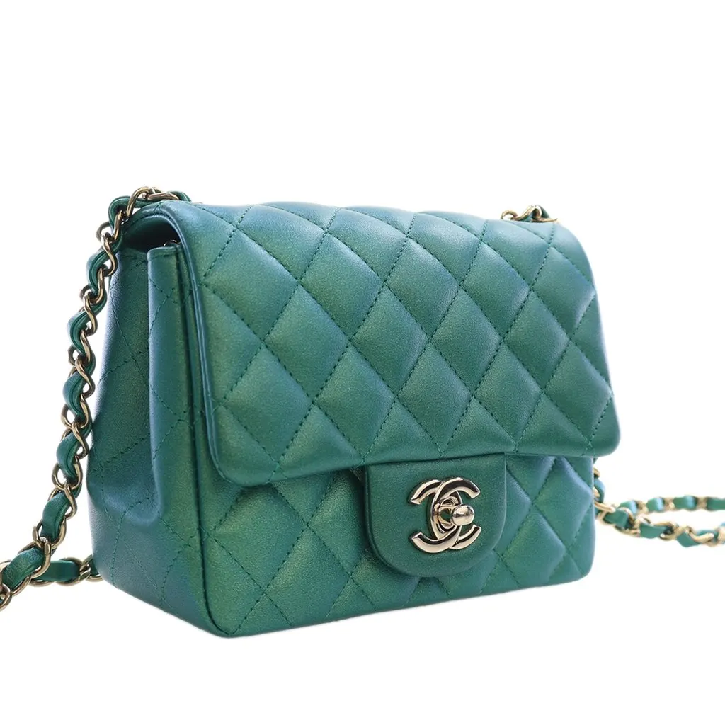 Chanel Mini Square Classic Iridescent Lambskin Single Flap Green Leather Very good - Inside View