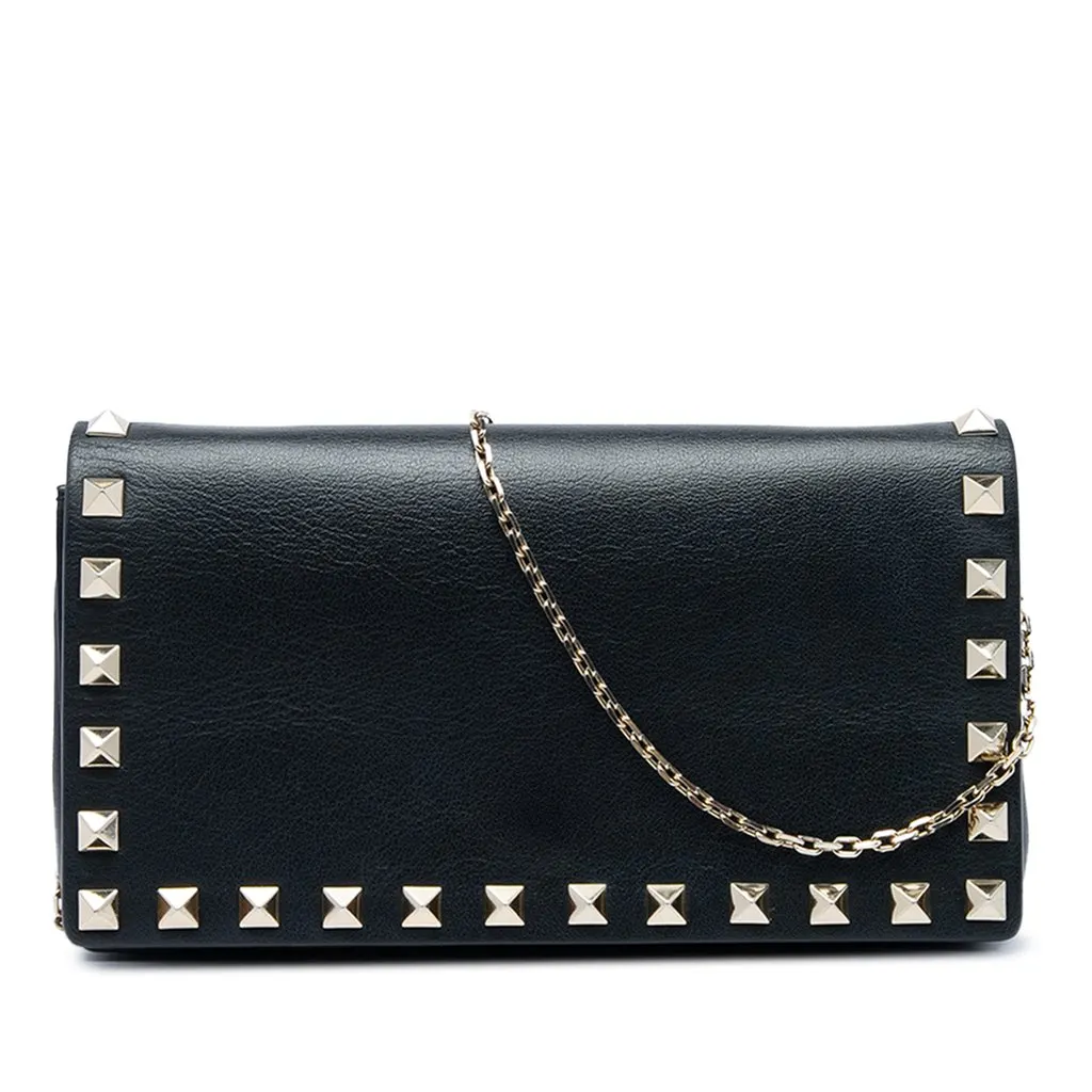 Valentino Calfskin Rockstud Wallet On Chain Black Leather Very good - Front View
