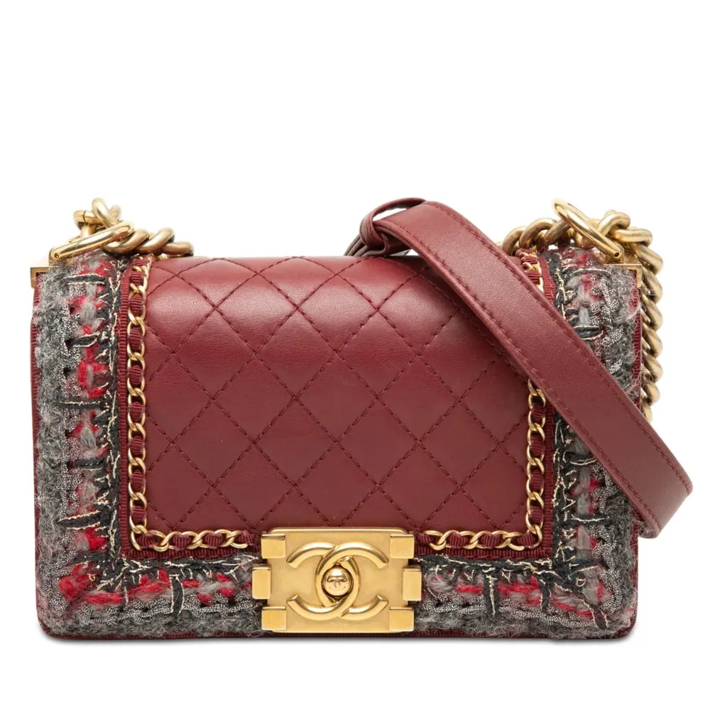 Chanel Small Quilted Lambskin and Braided Tweed Jacket Boy Flap Red Very good - Front View