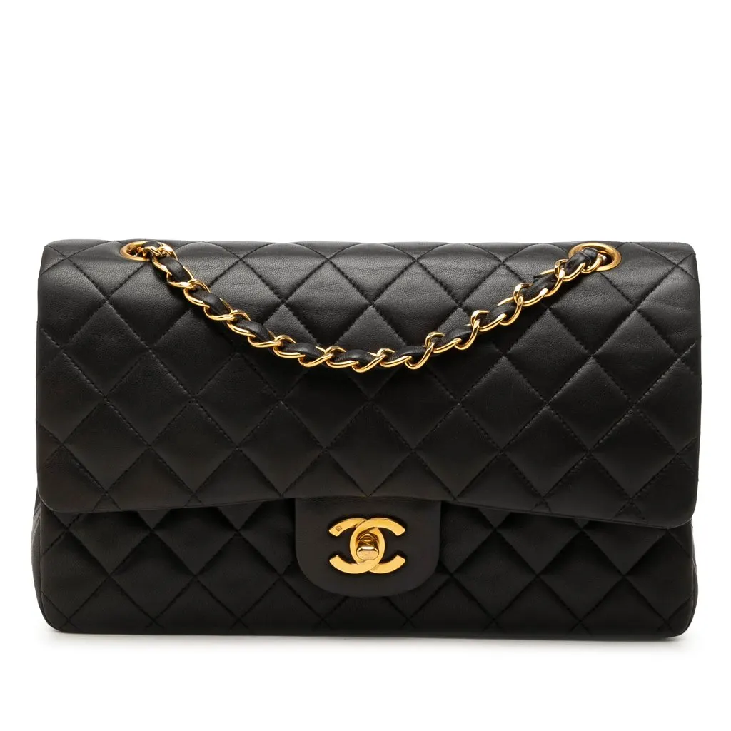 Chanel Medium Classic Lambskin Double Flap Black Leather Good - Front View