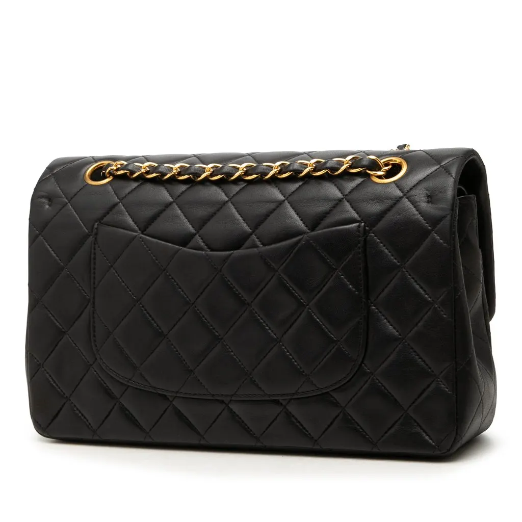 Chanel Medium Classic Lambskin Double Flap Black Leather Good - Back View