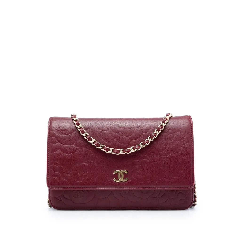Chanel CC Embossed Calfskin Camellia Wallet On Chain Red Leather Very good - Front View