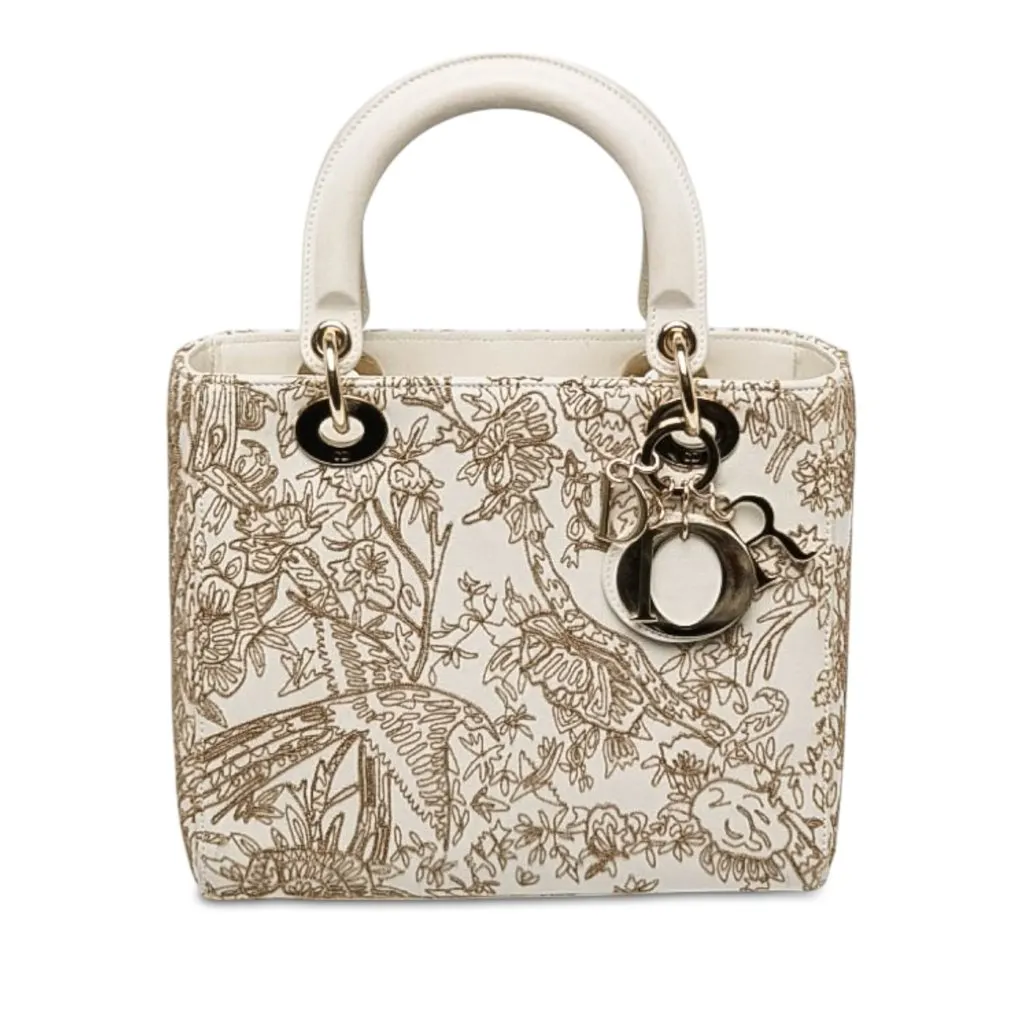 Dior Medium Calfskin Embroidered Jardin D Hiver Lady Dior White Leather Good - Front View