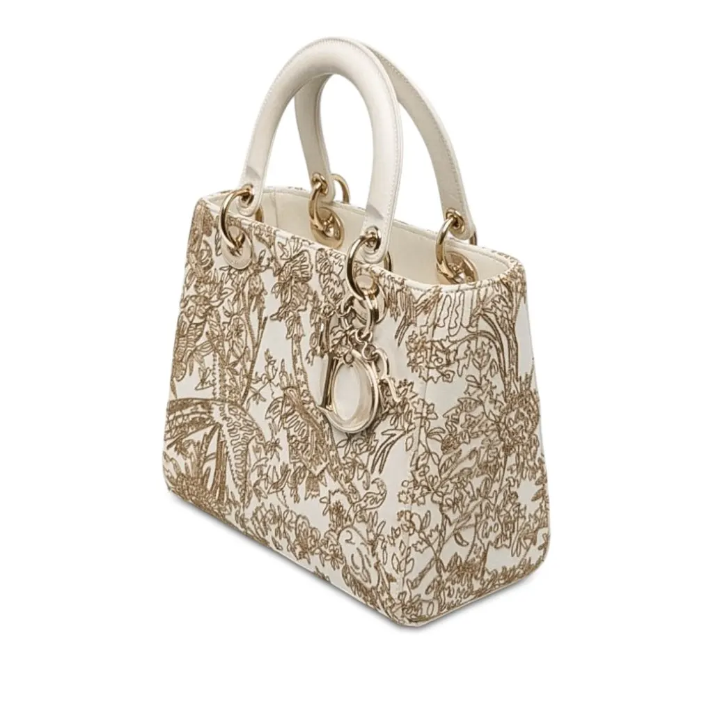 Dior Medium Calfskin Embroidered Jardin D Hiver Lady Dior White Leather Good - Back View