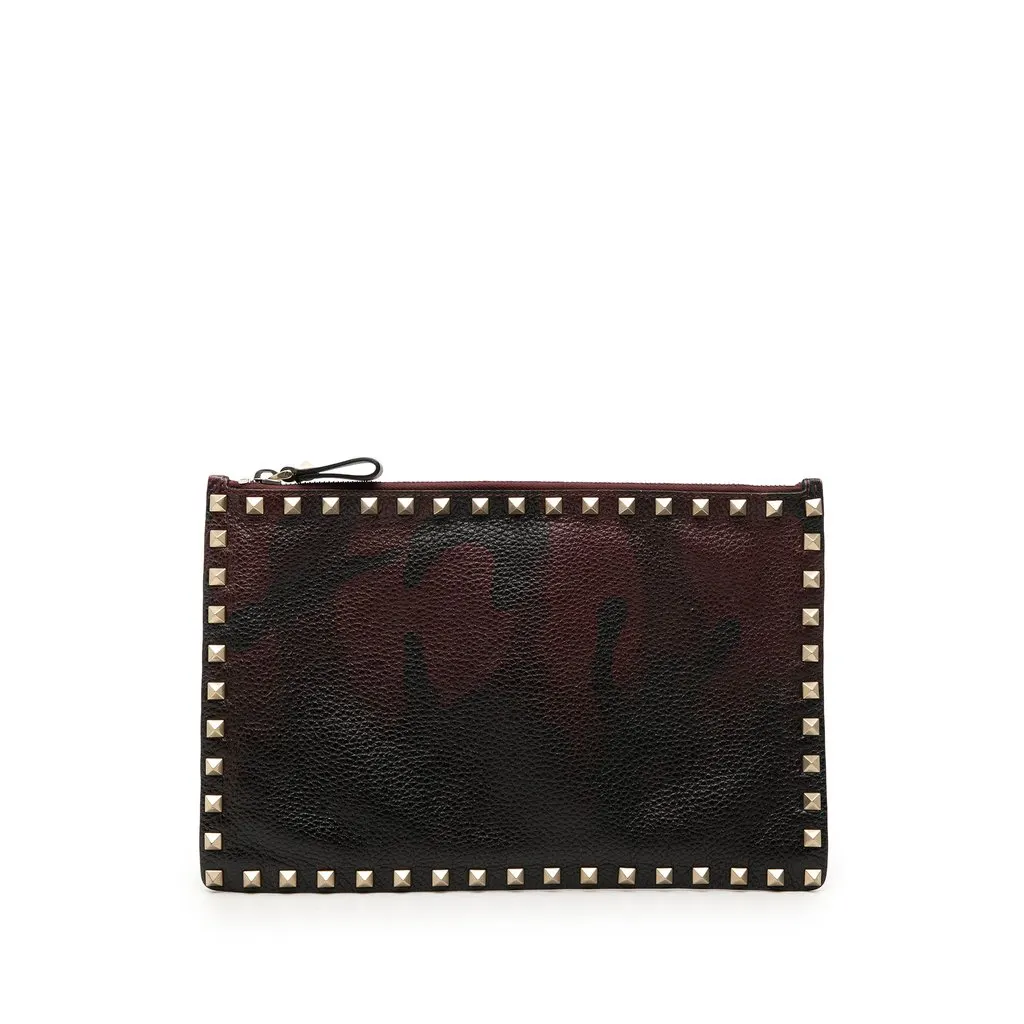 Valentino Grained Calfskin Rockstud Camouflage Zip Clutch Red Leather Very good - Front View