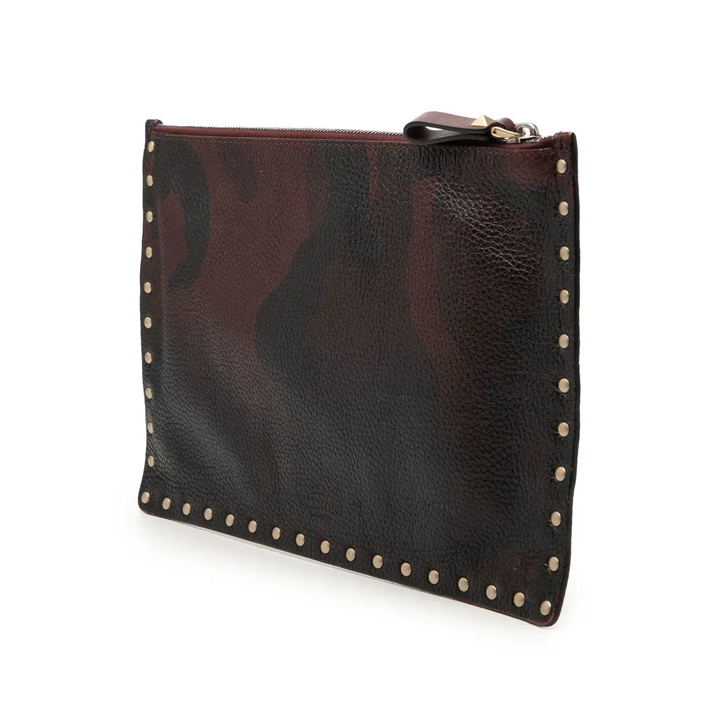 Valentino Grained Calfskin Rockstud Camouflage Zip Clutch Red Leather Very good - Back View