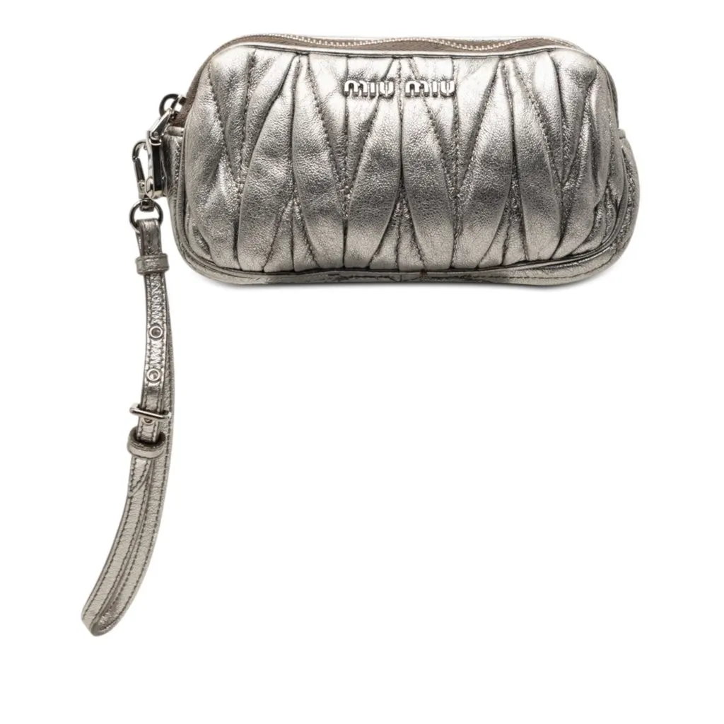 Miu Miu Matelasse Metallic Nappa Double Zip Pouch Silver Leather Good - Front View
