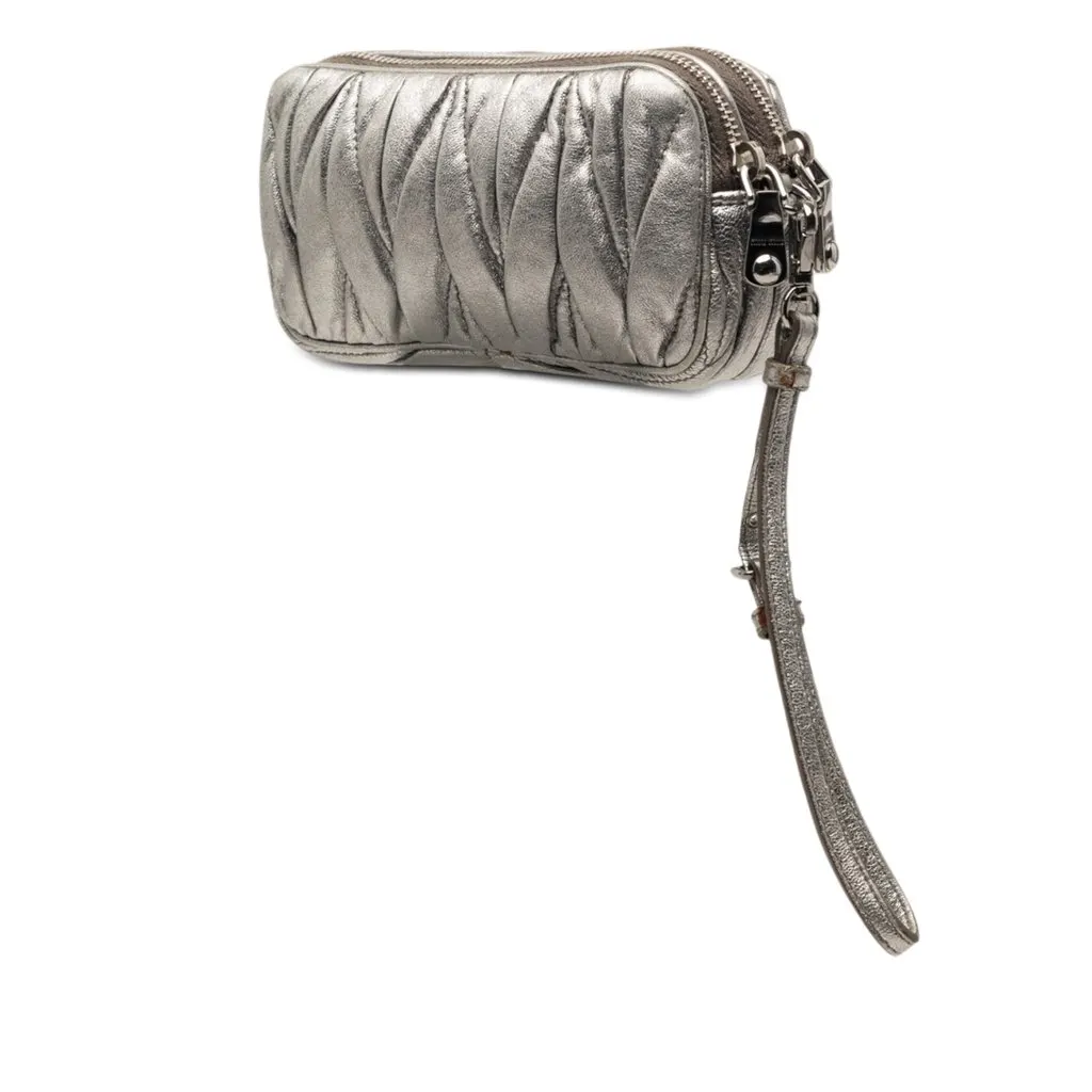 Miu Miu Matelasse Metallic Nappa Double Zip Pouch Silver Leather Good - Back View
