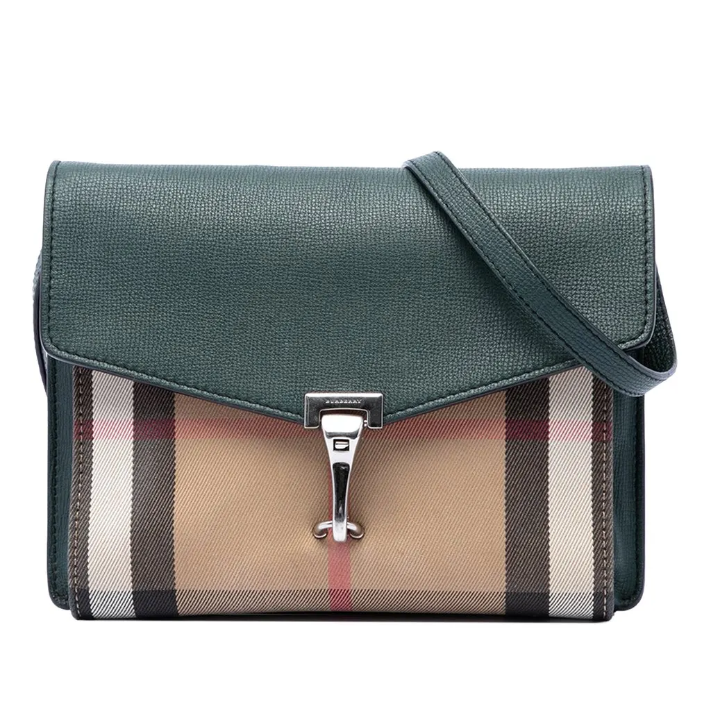 Burberry Small Leather and House Check Canvas Derby Macken Crossbody Green Leather Very good - Front View