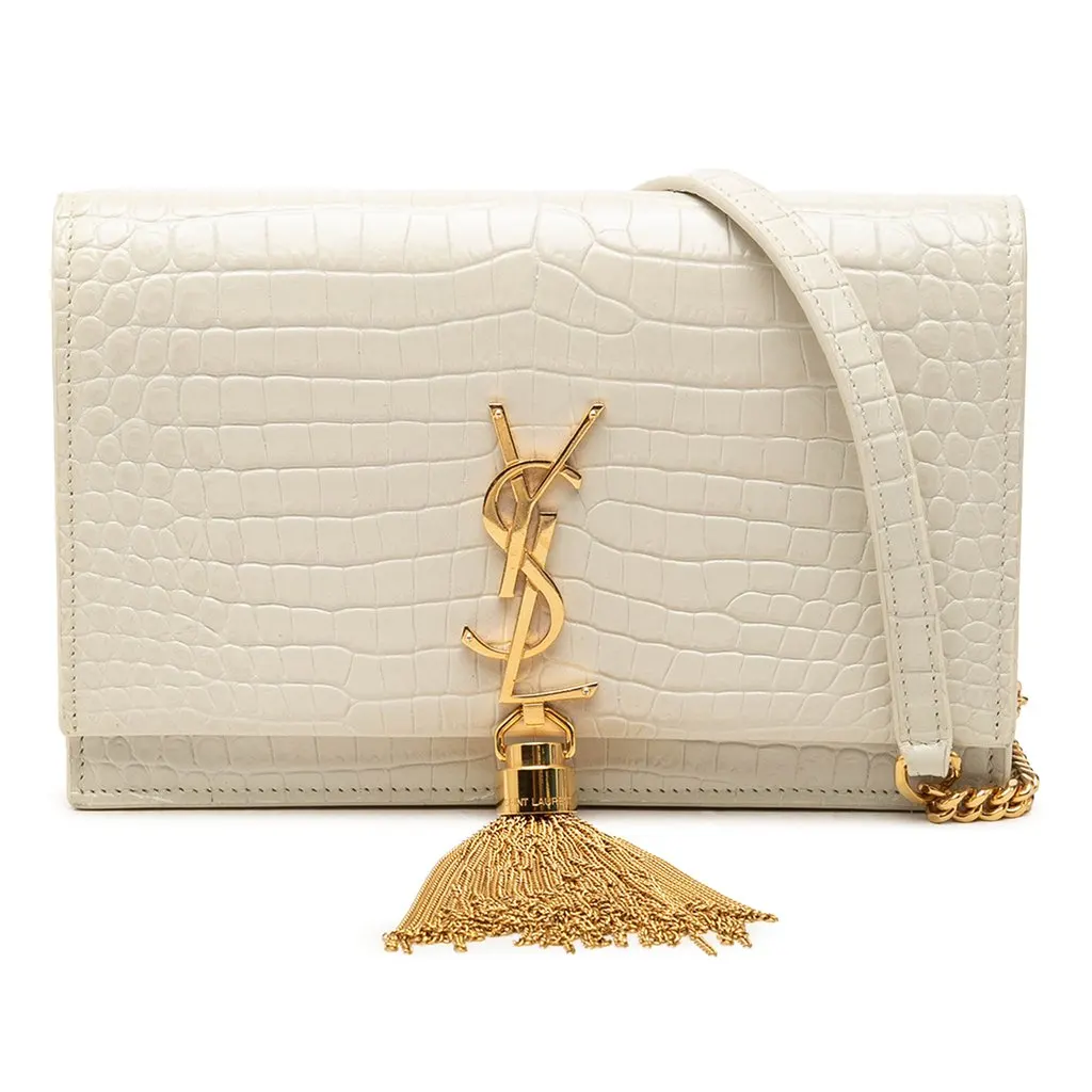 Saint Laurent جلد التمساح Embossed جلد مونوغرام كيت Tassel محفظة على بسلسلة