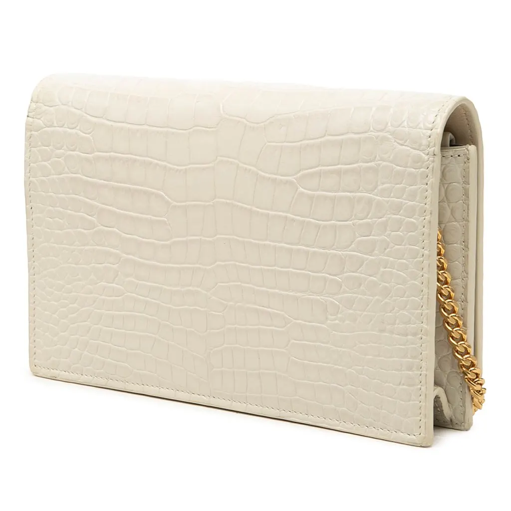 Saint Laurent Croc Embossed Leather Monogram Kate Tassel Wallet on Chain White Leather Good - Back View