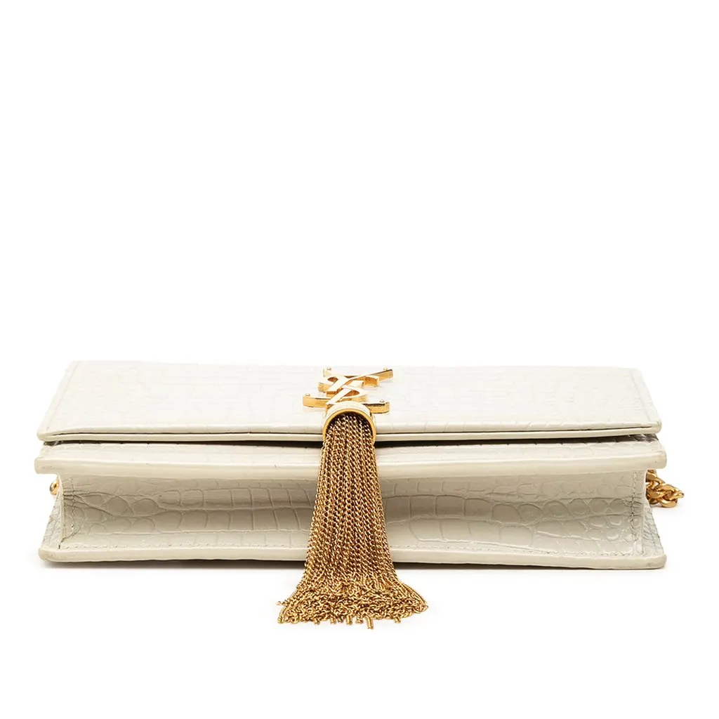 Saint Laurent Croc Embossed Leather Monogram Kate Tassel Wallet on Chain White Leather Good - Inside View
