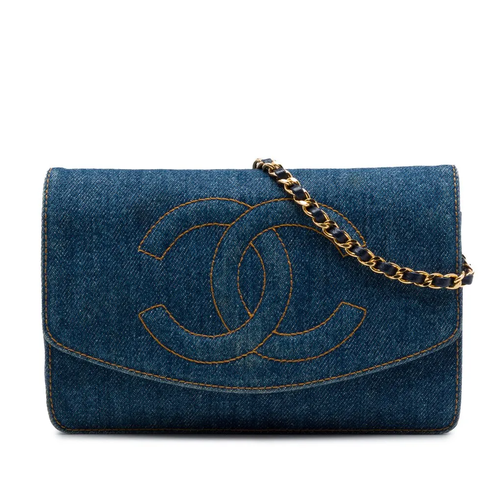 Chanel CC Denim Wallet On Chain Blue Very good - Front View