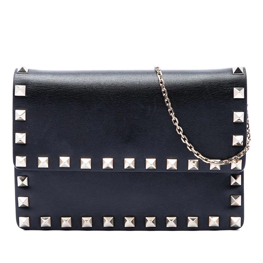 Valentino Leather Rockstud Clutch on Chain Black Leather Very good - Front View