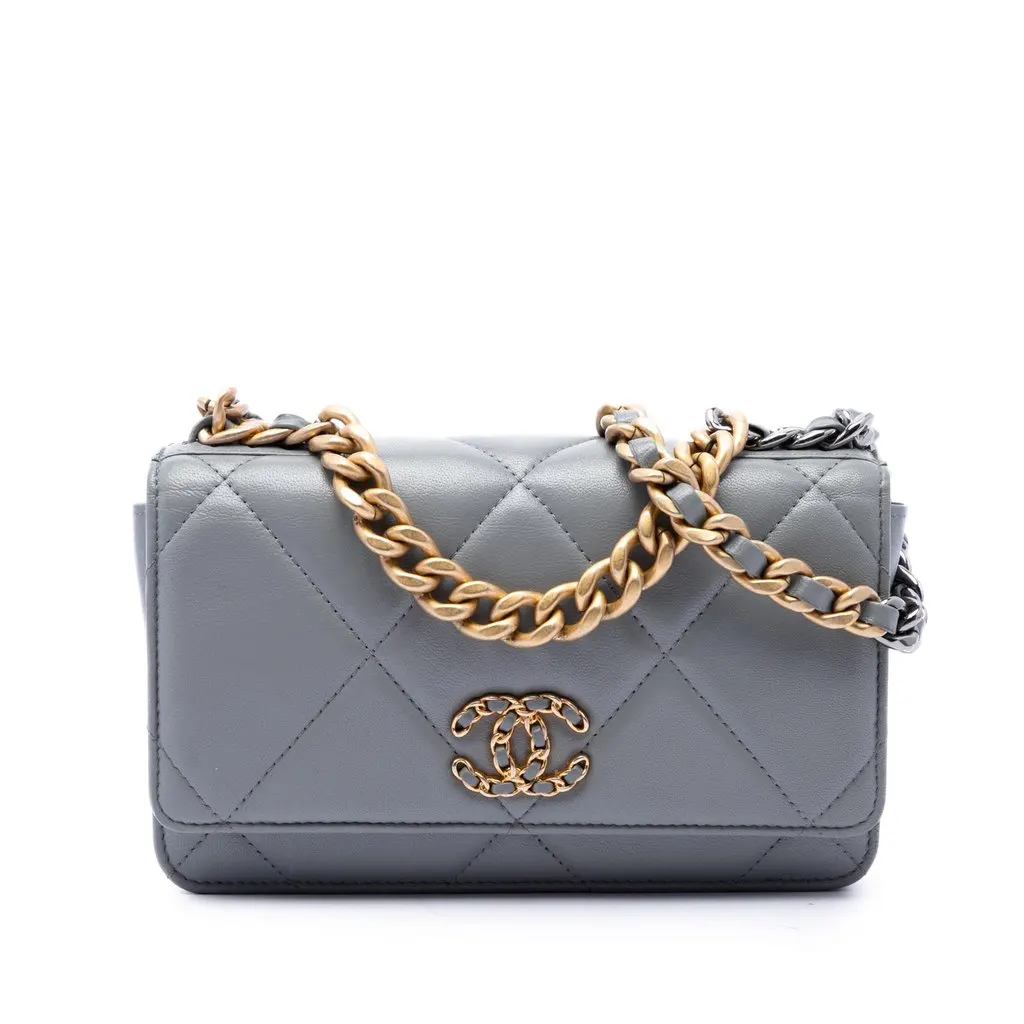 Chanel Quilted Lambskin 19 Wallet on Chain Grey Leather Good - Front View