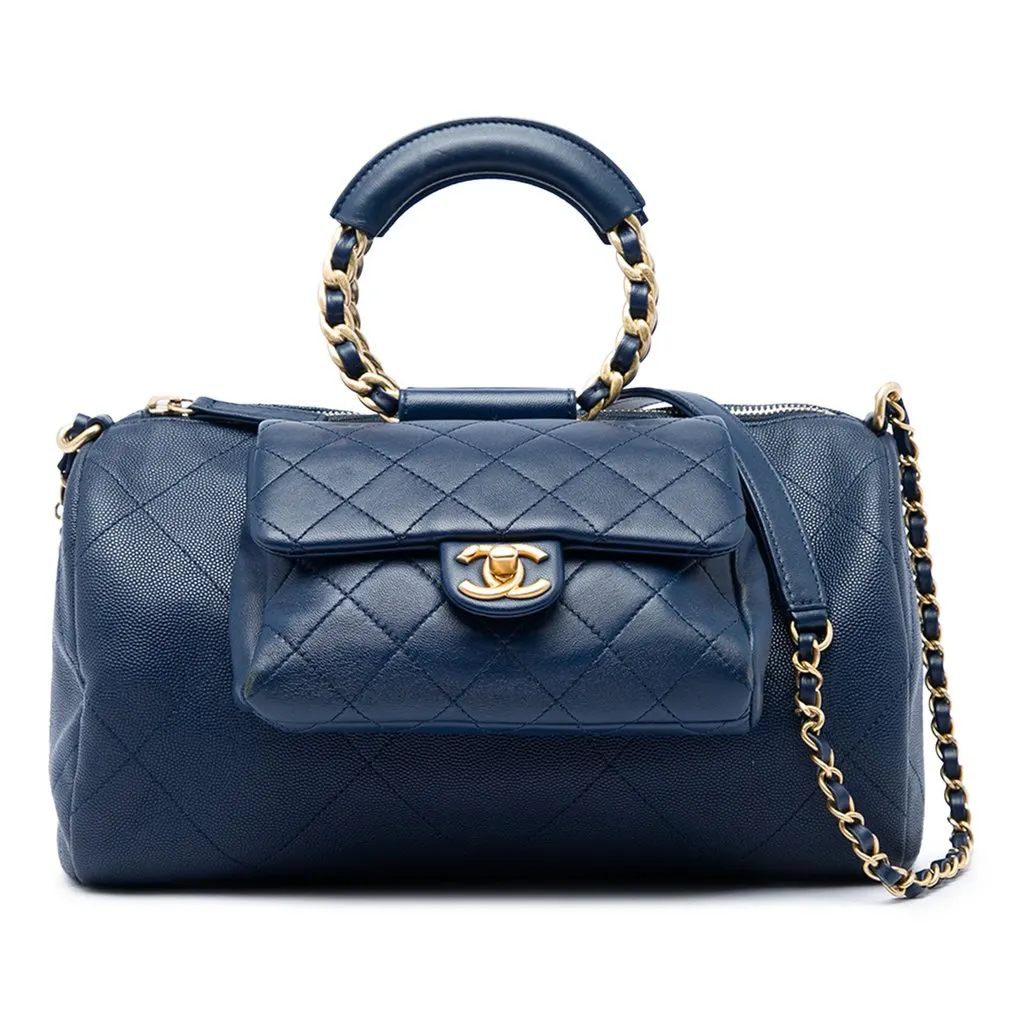 Chanel Small Quilted Caviar and Lambskin In The Loop Bowling Bag Blue Leather Very good - Front View