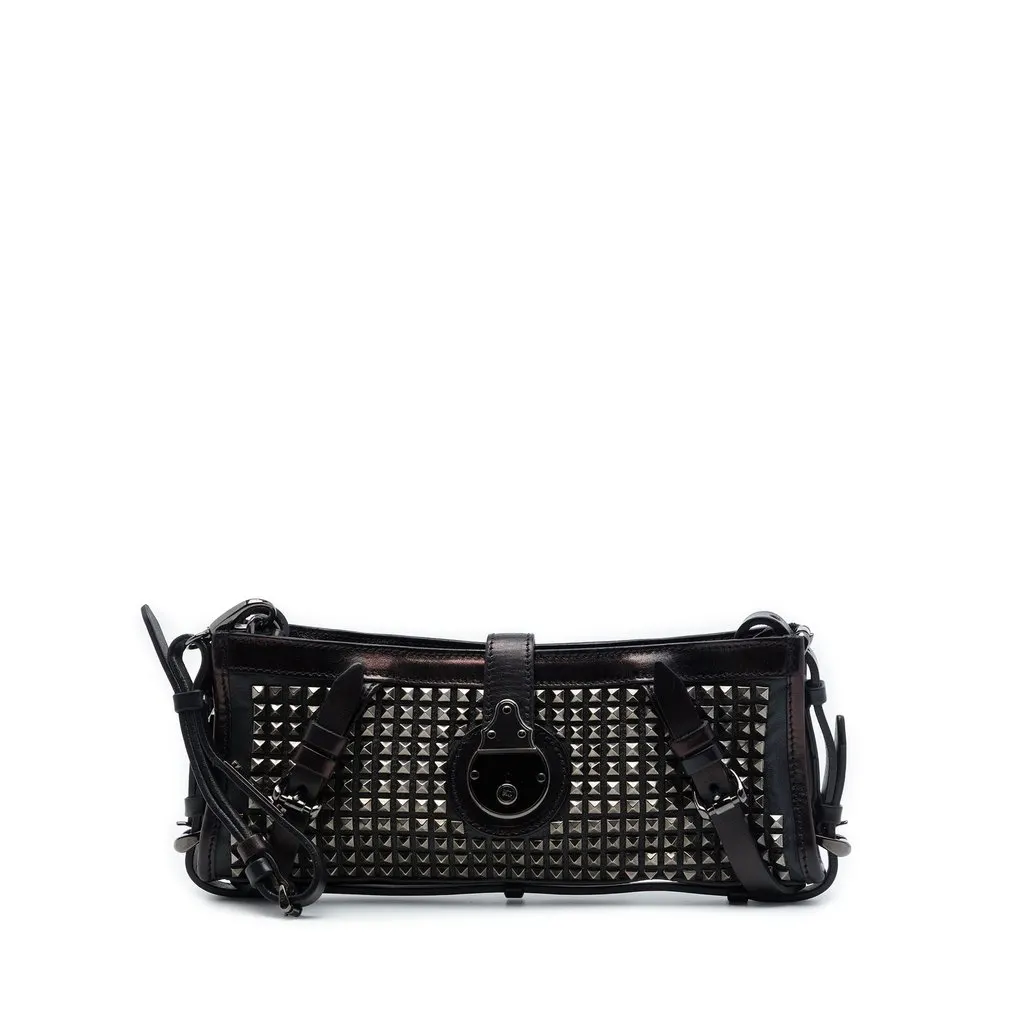 Burberry Studded Leather Hyde Wristlet Clutch Black Leather Good - Front View