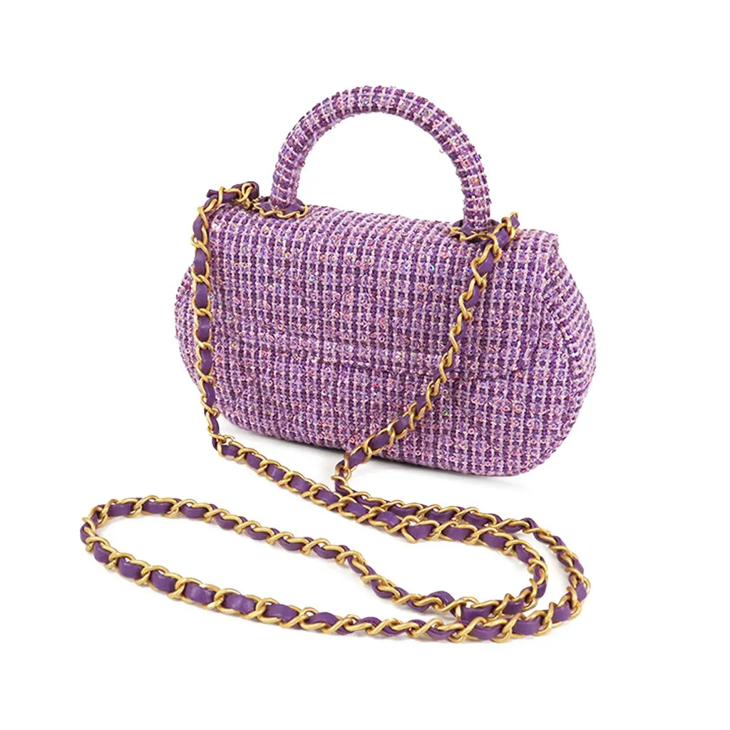Chanel CC Quilted Tweed Top Handle Flap Purple Very good - Back View
