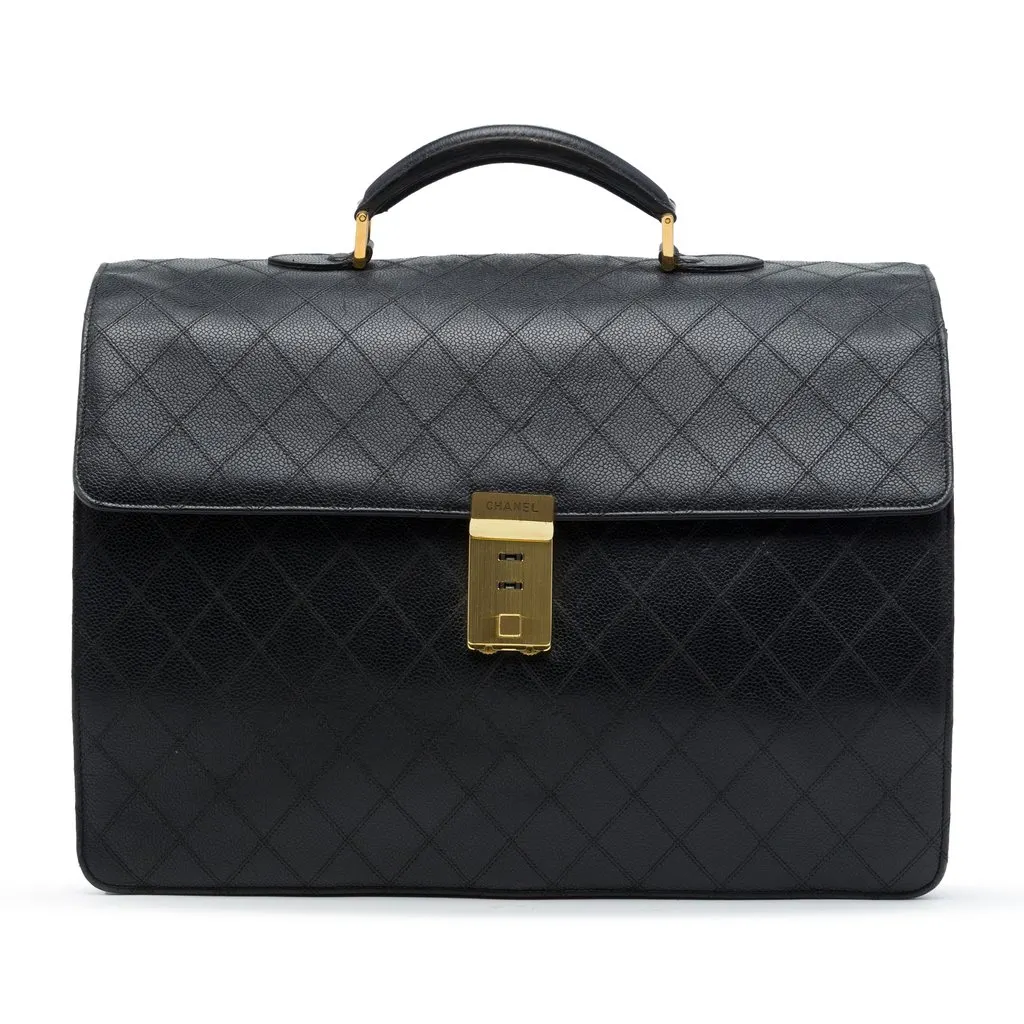 Chanel Quilted Caviar Combination Lock Briefcase Black Leather Good - Front View