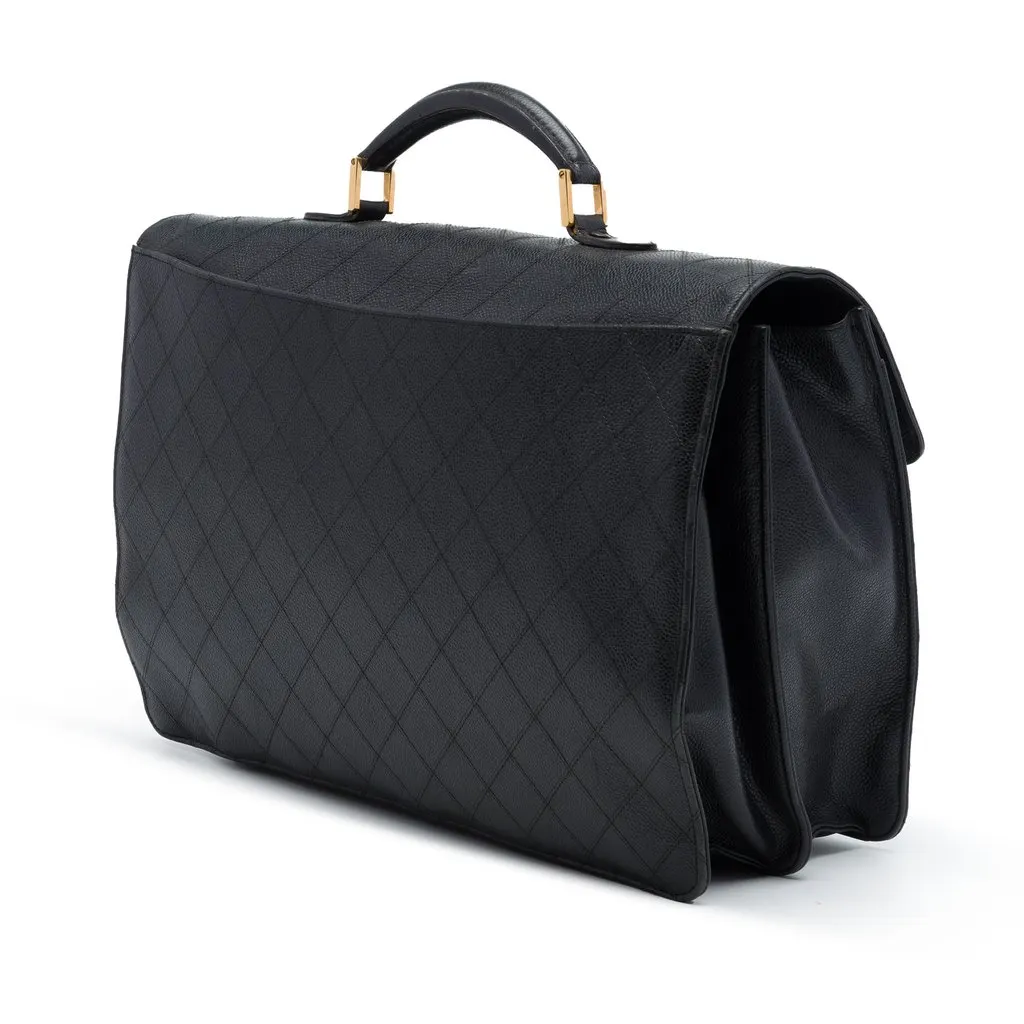 Chanel Quilted Caviar Combination Lock Briefcase Black Leather Good - Back View