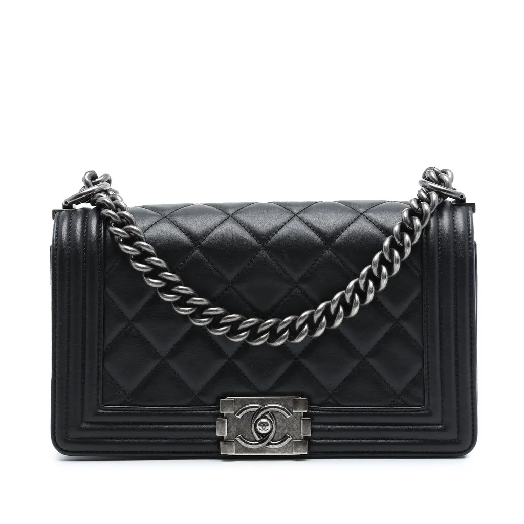 Chanel Old Medium Quilted Lambskin Boy Flap Black Leather Very good - Front View