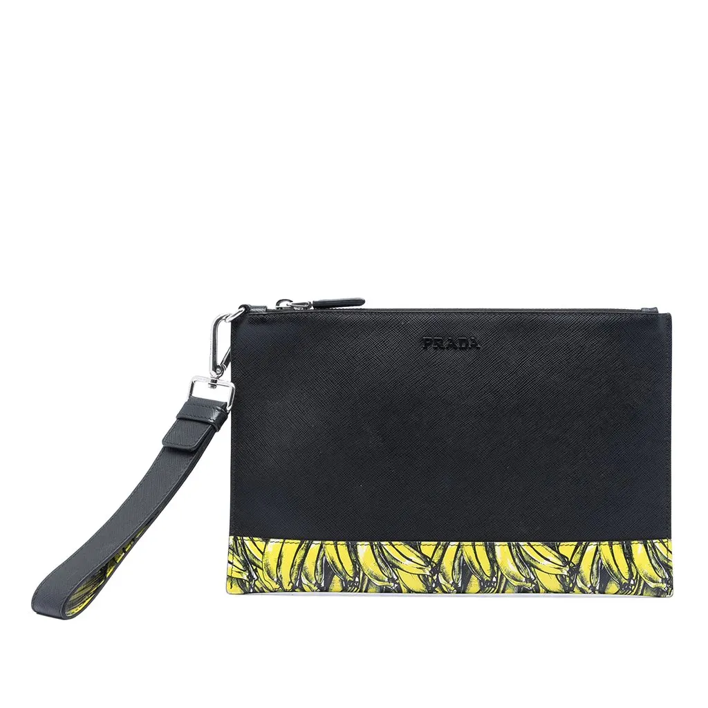 Prada Saffiano Banana Print Clutch Black Leather Very good - Front View