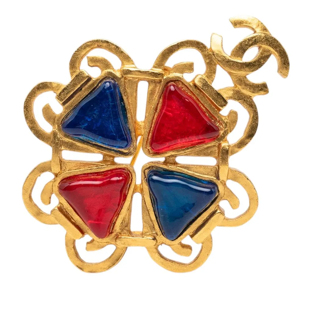 Chanel CC Gold Plated Multicolor Gripoix Brooch Gold Metal Very good - Front View