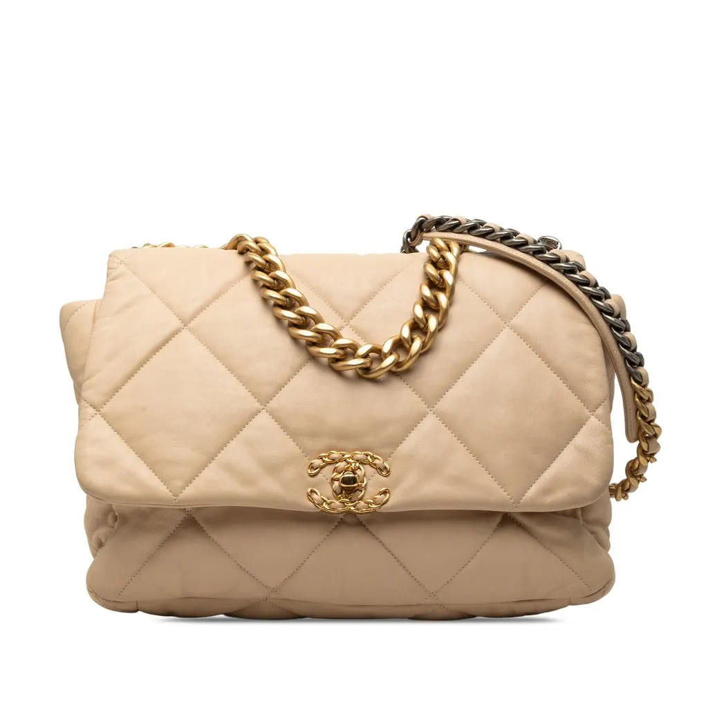Chanel Maxi Lambskin 19 Flap Beige Leather Very good - Front View