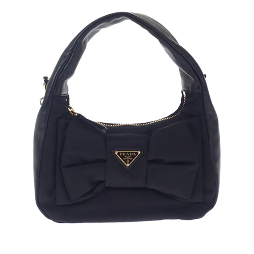 Prada Mini Re Nylon and Nappa Bow Satchel Black Polyamide Very good - Front View