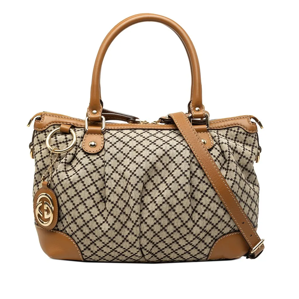 Gucci Diamante Canvas Sukey Satchel Beige Canvas Good - Front View