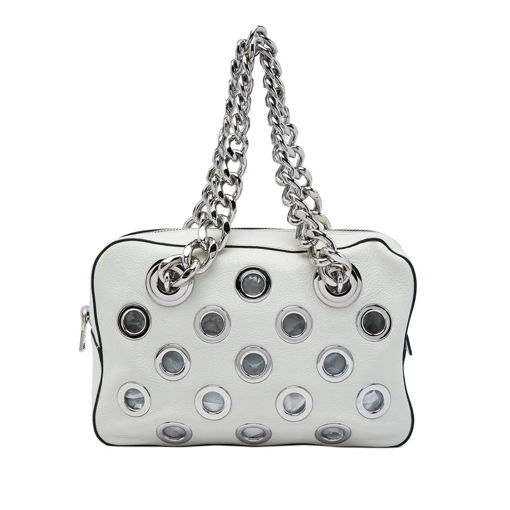 Prada Vitello Daino Grommet Chain Shoulder Bag White Leather Very good - Front View