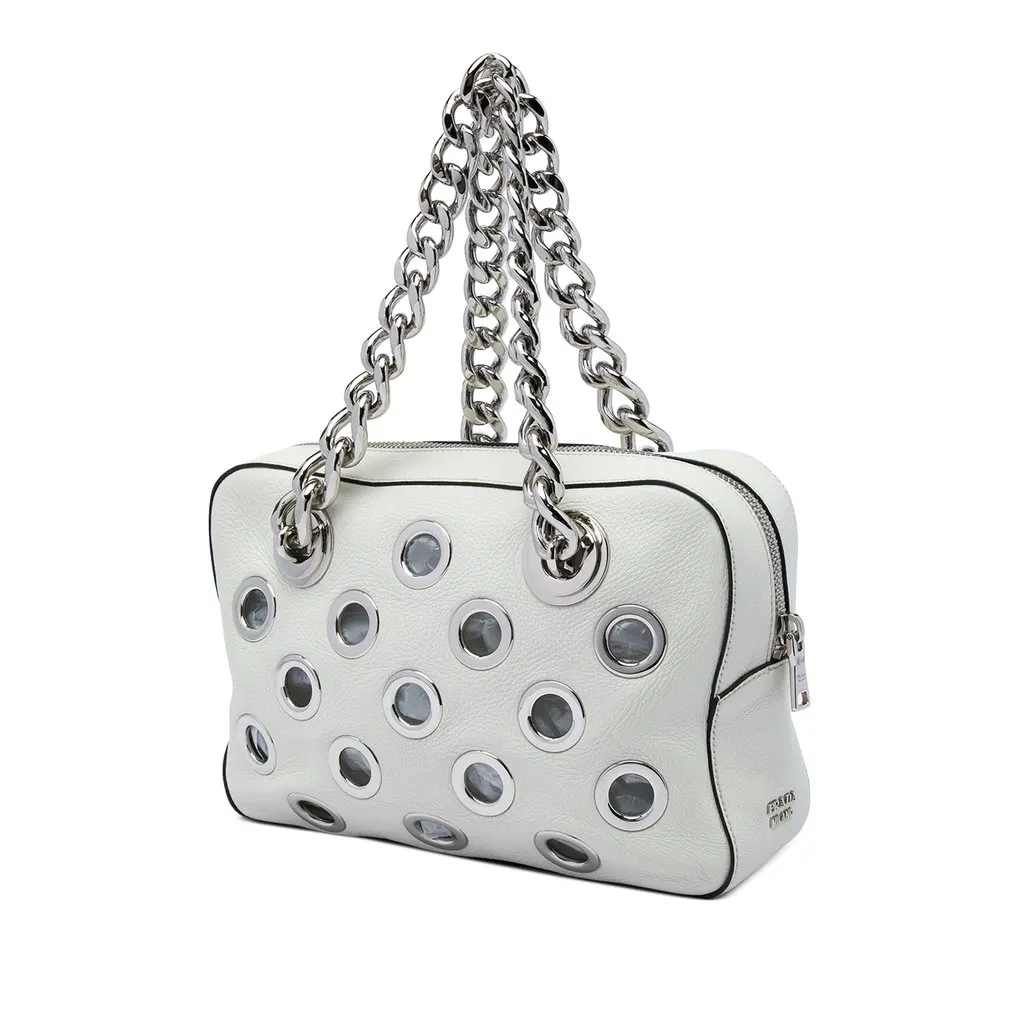 Prada Vitello Daino Grommet Chain Shoulder Bag White Leather Very good - Back View