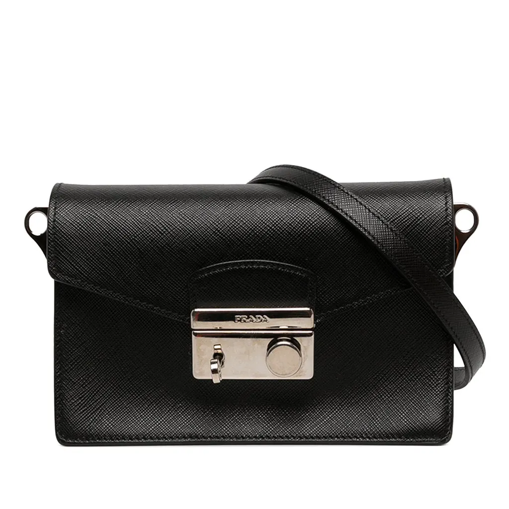 Prada Saffiano Lux Sound Lock Crossbody Black Leather Very good - Front View