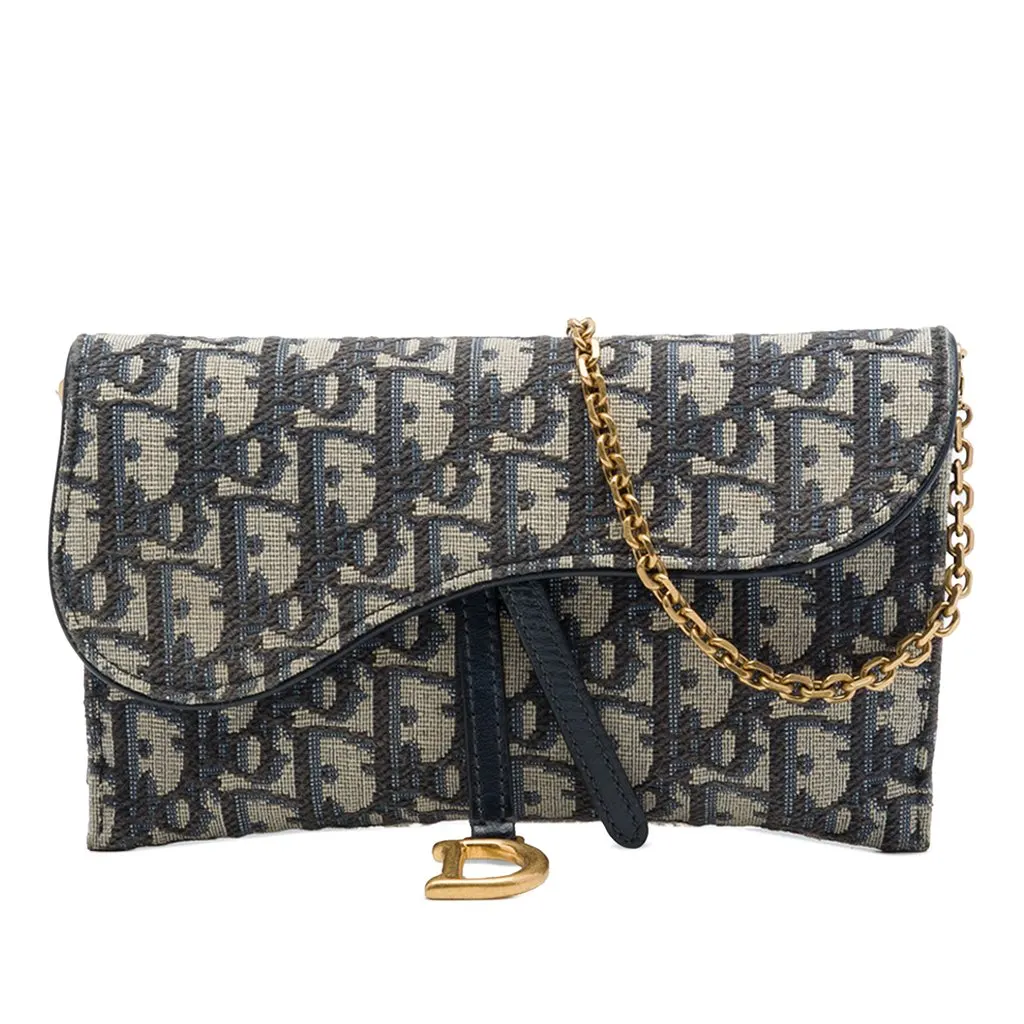 Dior Oblique Canvas Saddle Wallet On Chain Blue Canvas Very good - Front View