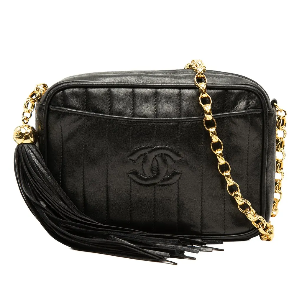 Chanel CC Vertical Quilted Lambskin Tassel Camera Bag Black Leather Very good - Front View