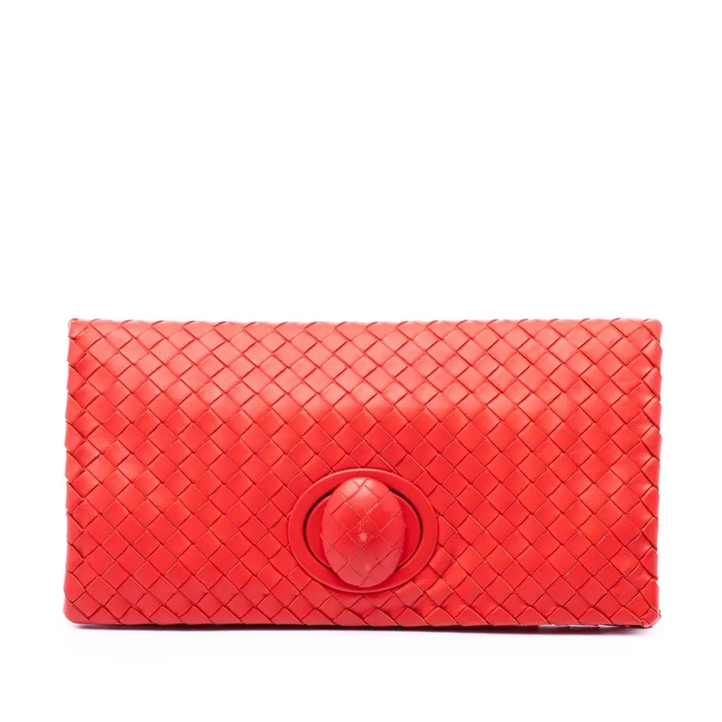 Bottega Veneta Nappa Intrecciato Turn Lock Clutch Red Leather Very good - Front View