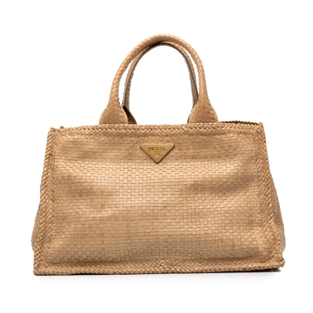 Prada Large Woven Goatskin Madras Shopping Tote Brown Leather Very good - Front View