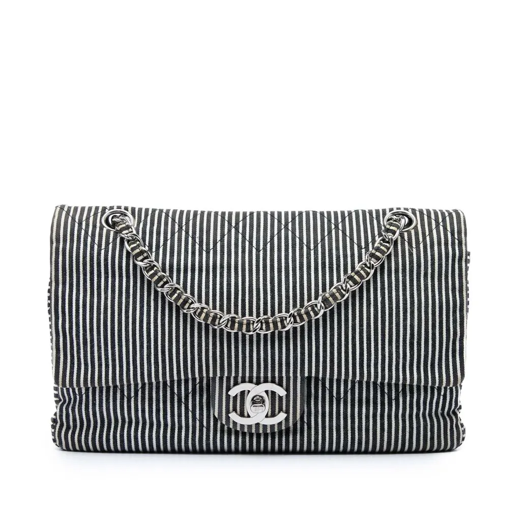 Chanel Medium Classic Canvas Stripes Double Flap Black Very good - Front View