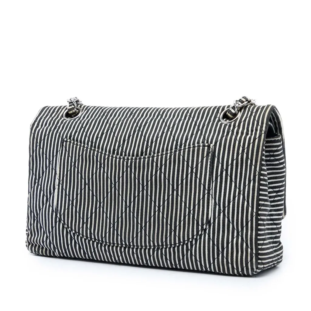 Chanel Medium Classic Canvas Stripes Double Flap Black Very good - Back View