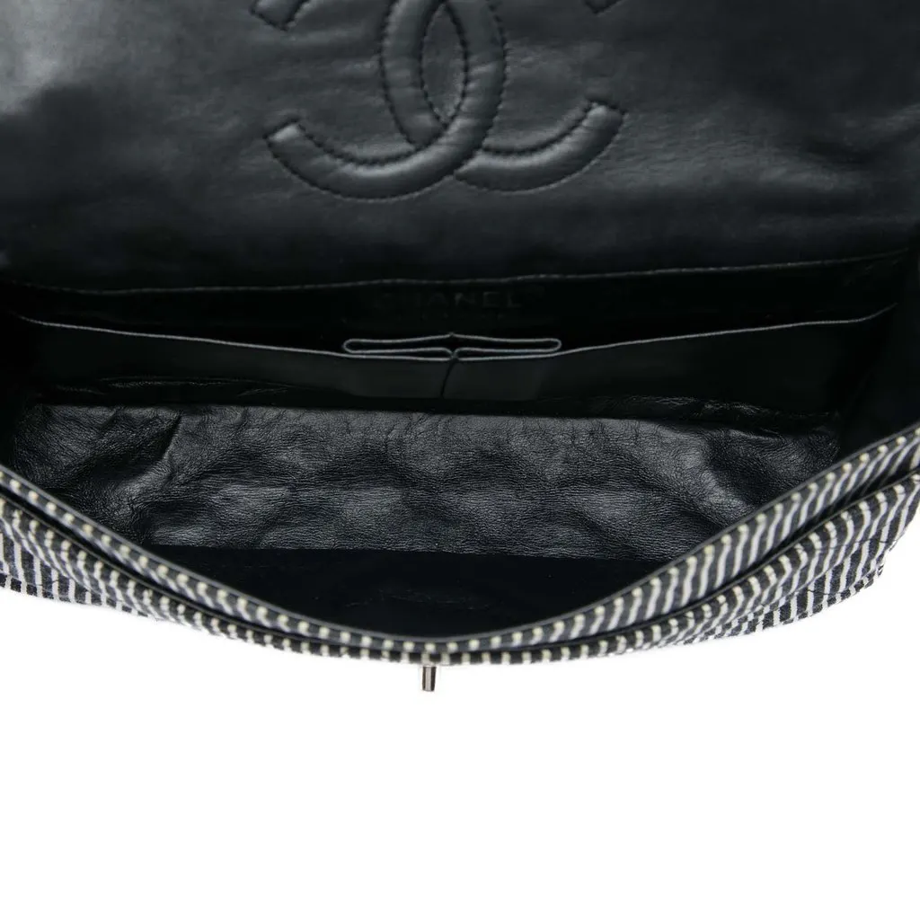 Chanel Medium Classic Canvas Stripes Double Flap Black Very good - Model View