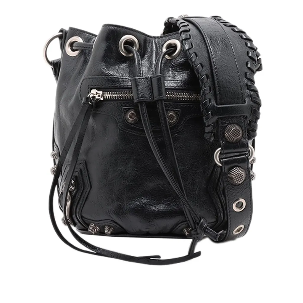 Balenciaga Lambskin Le Cagole Bucket Bag XS Black Leather Good - Front View