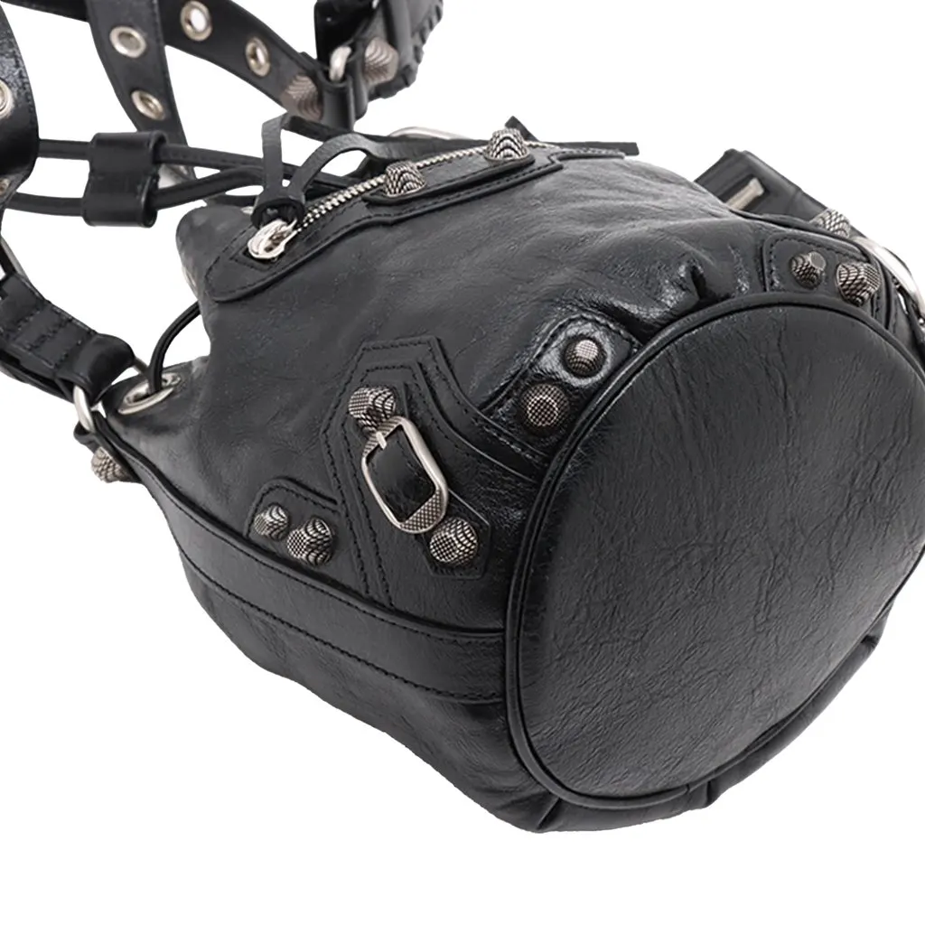 Balenciaga Lambskin Le Cagole Bucket Bag XS Black Leather Good - Inside View