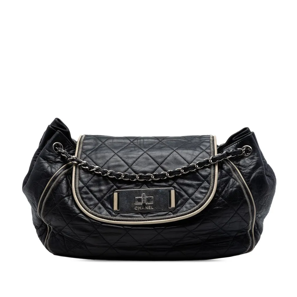 Chanel Quilted Lambskin East West Mademoiselle Accordion Flap Black Leather Very good - Front View