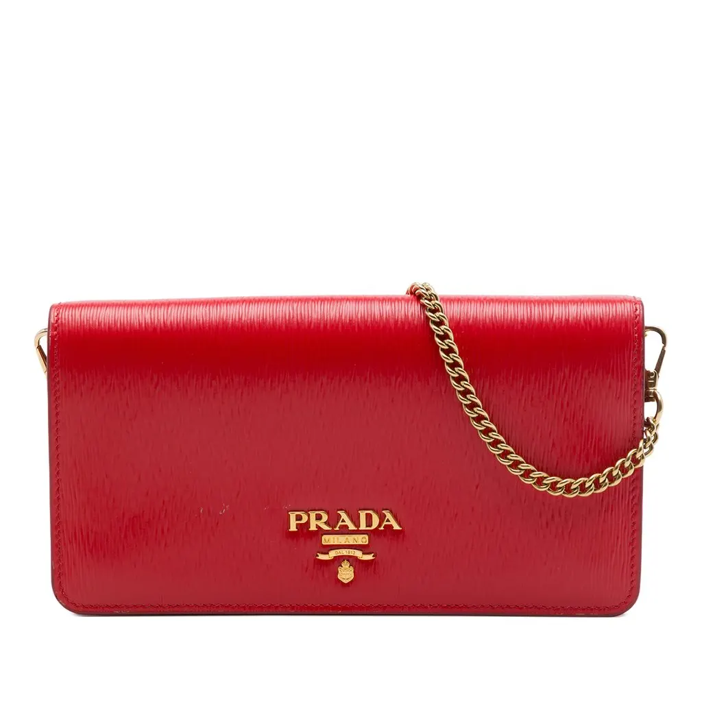 Prada Vitello Move Clutch with Chain Red Leather Very good - Front View