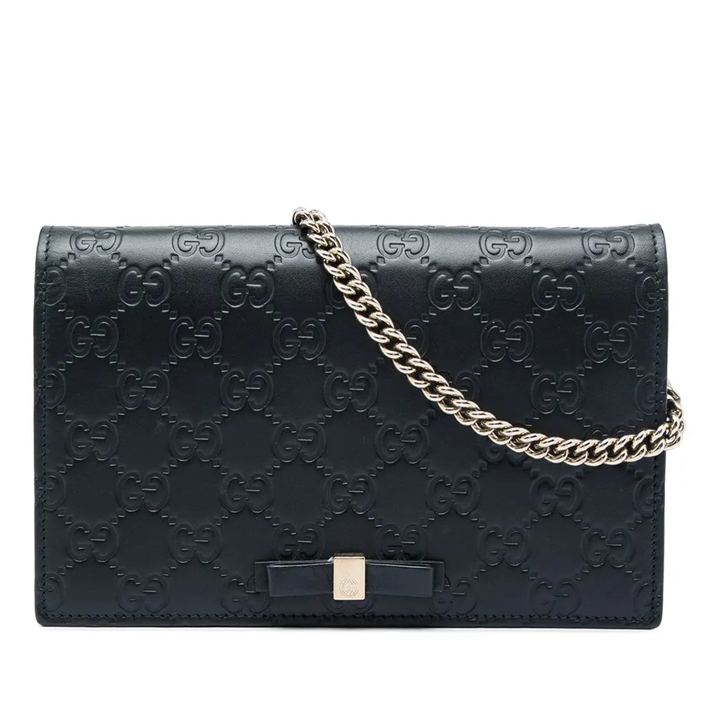 Gucci Mini Guccissima Bow Signature Wallet On Chain Black Leather Very good - Front View
