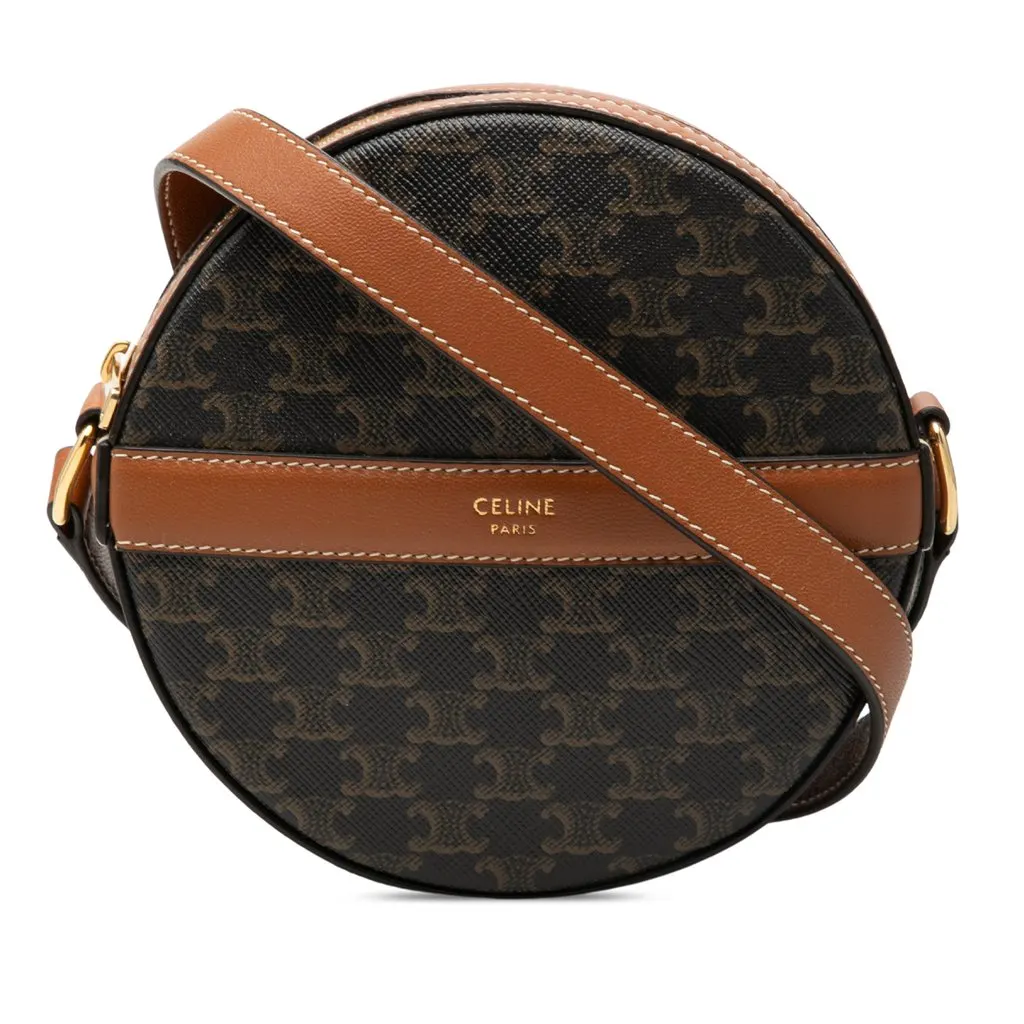 Celine Triomphe Coated Canvas Round Purse on Strap Brown Very good - Front View